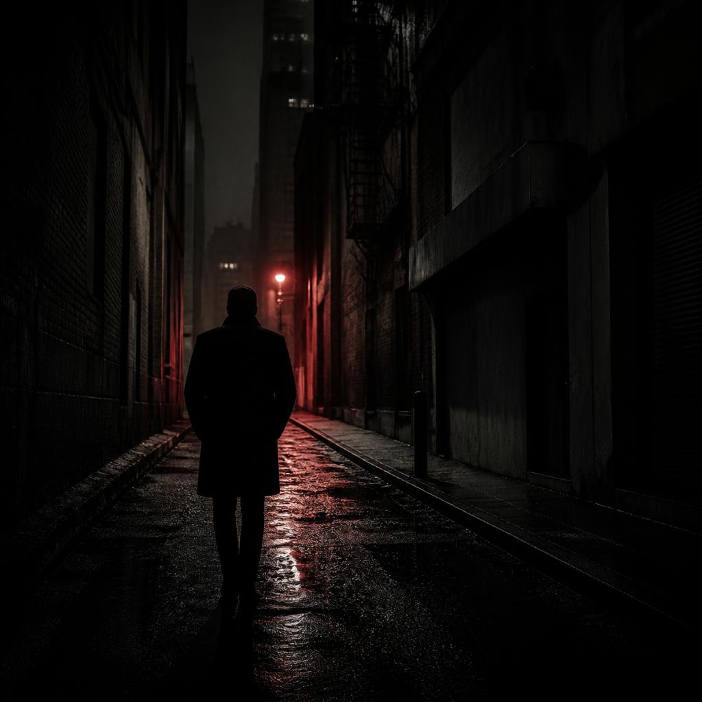 Figura di spalle in un vicolo scuro illuminato di rosso