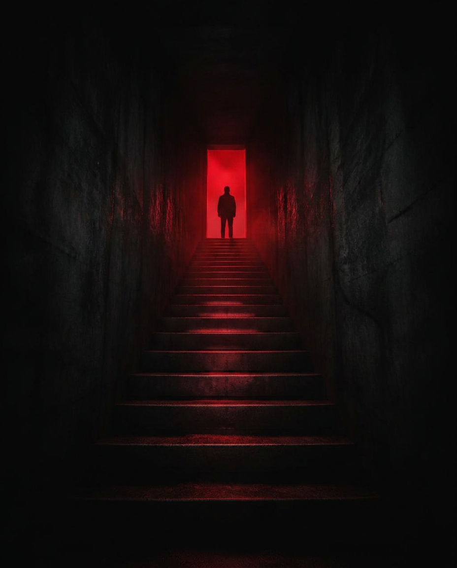 Scala buia verso una porta illuminata di rosso con una figura in silhouette sulla soglia